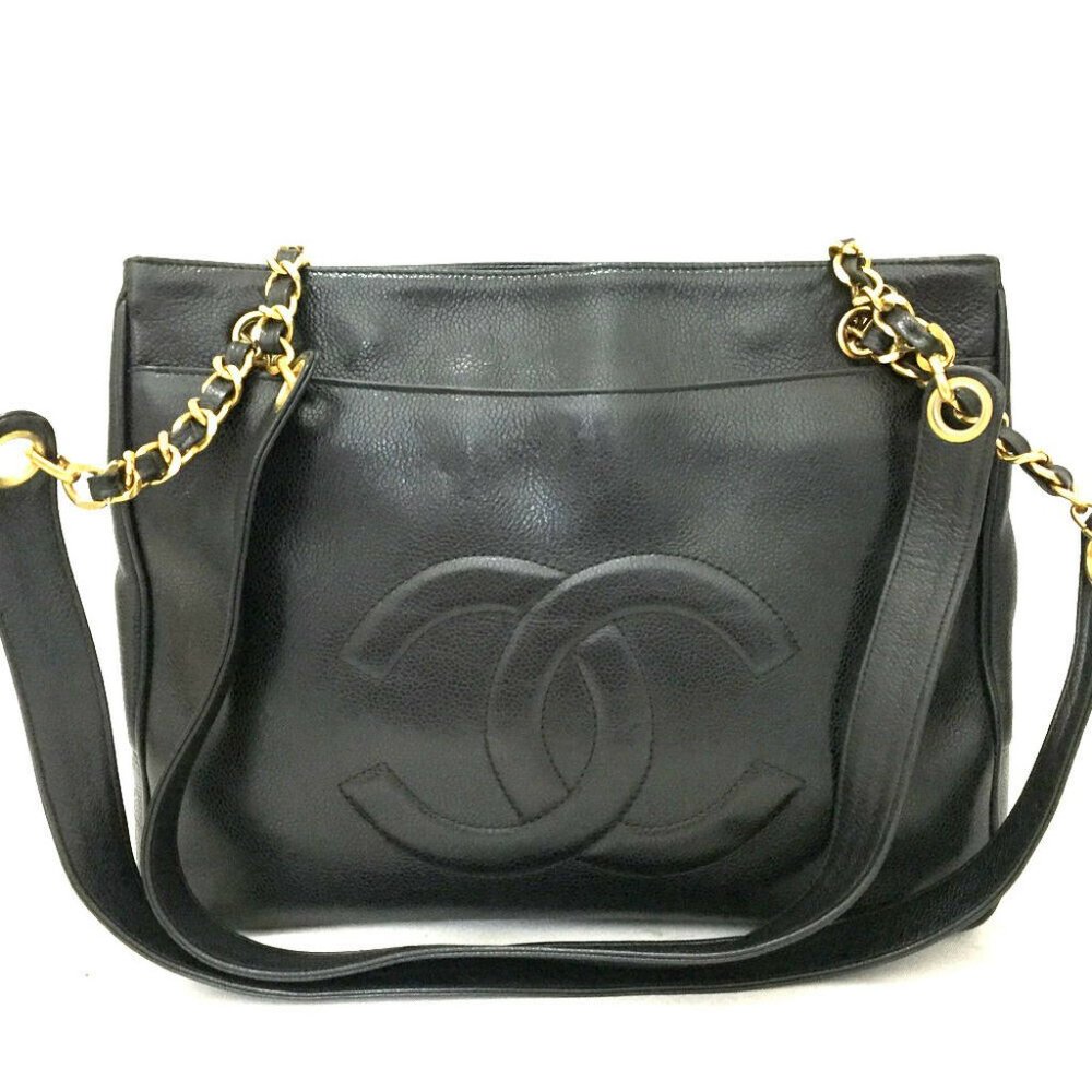 CHANEL CC Logo Caviar Skin Chain Shoulder Tote Bag